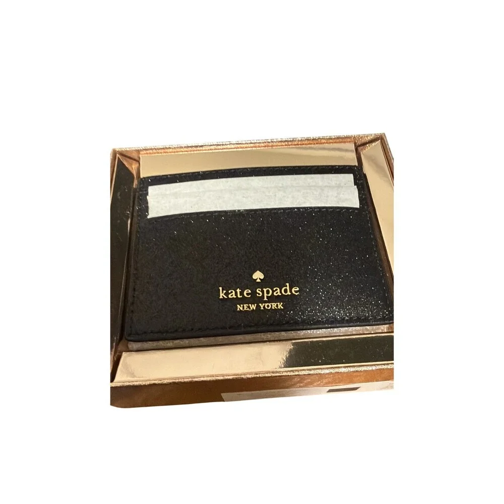 Kate Spade New York Black Glitter Slim Card Holder Wallet New In Box